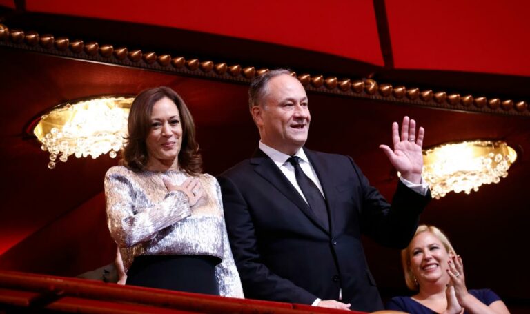 Kamala Harris Shines in Metallic Bodice Dress at 2024 Kennedy Center Honors With Doug Emhoff